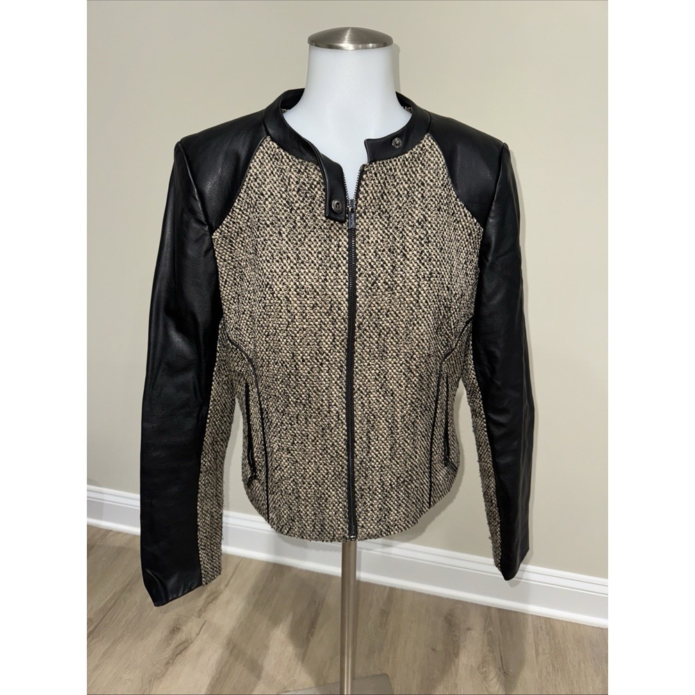 Calvin Klein Size 10 Womens Marled Knit Asymmetric Zip Jacket Black & white Moto